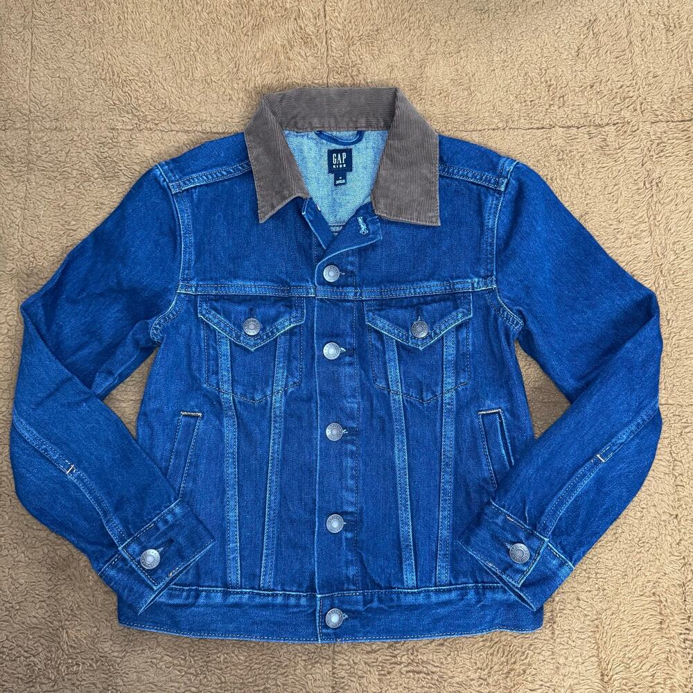 GAP Kids Denim Trucker Jacket Brown Corduroy Collar Blue Jean Coat Size M 8-9
